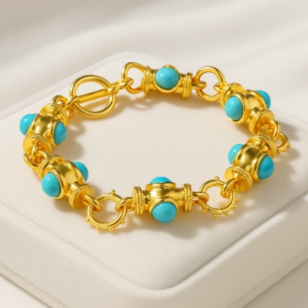Byzantine Turquoise Cabochon Toggle Bracelet  18k Gold Plating